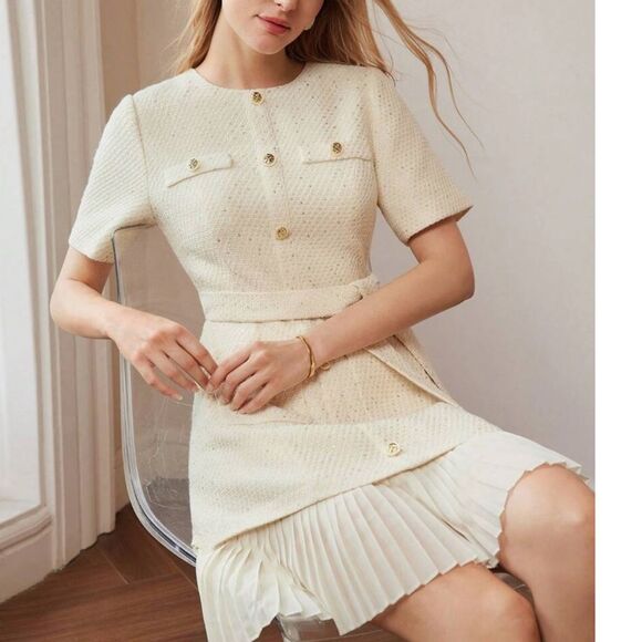 NWT MOTF PREMIUM TWEED GOLD BUTTON PATCH POCKET PLEATED HEM BELTED DRESS - Picture 2 of 10